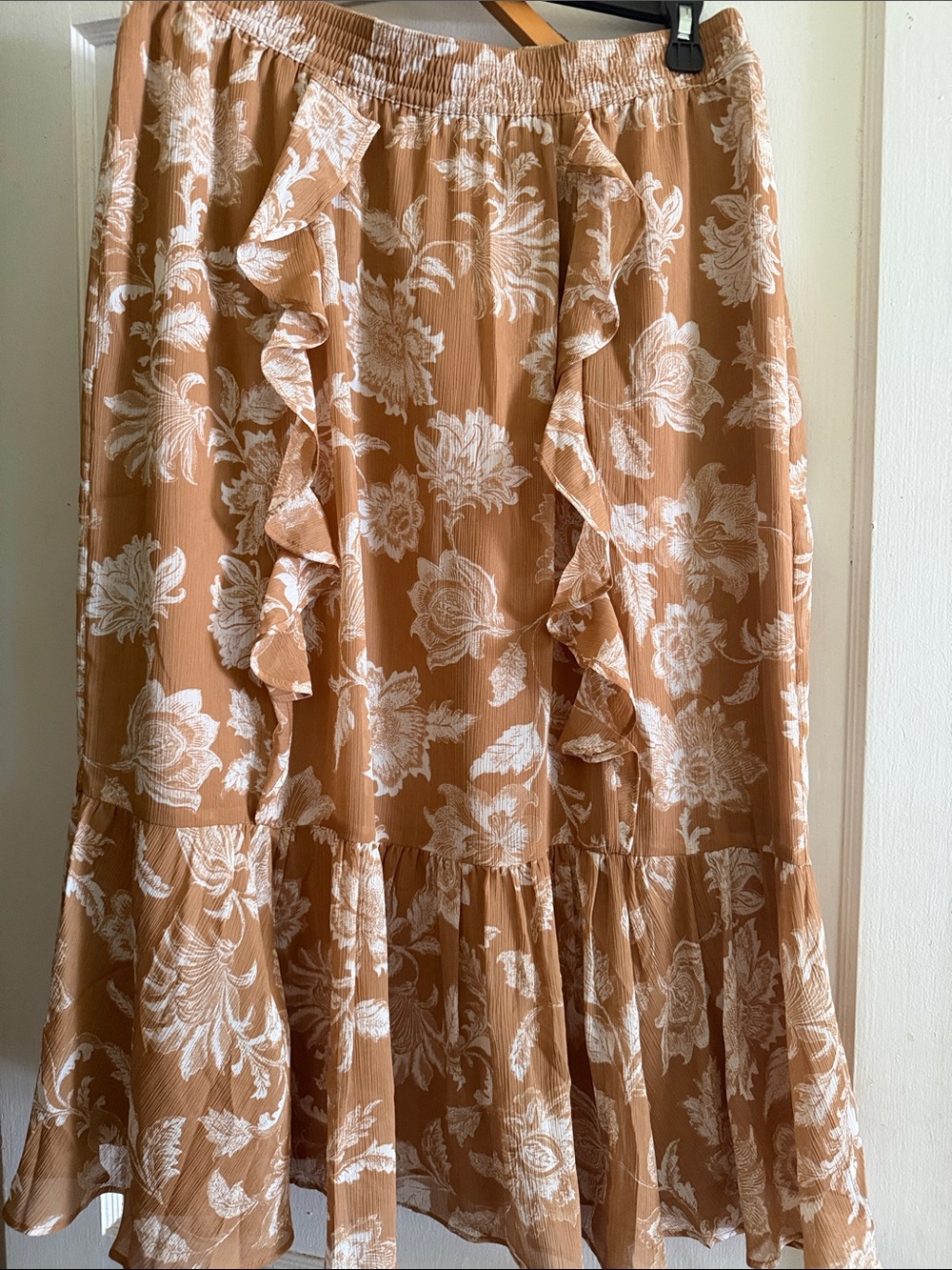 LOFT Tan Floral Ruffle Maxi Skirt